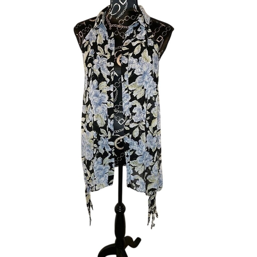 Umgee Floral Print Open Front Vest Sleeveless‎ Sheer Black Blue Summer